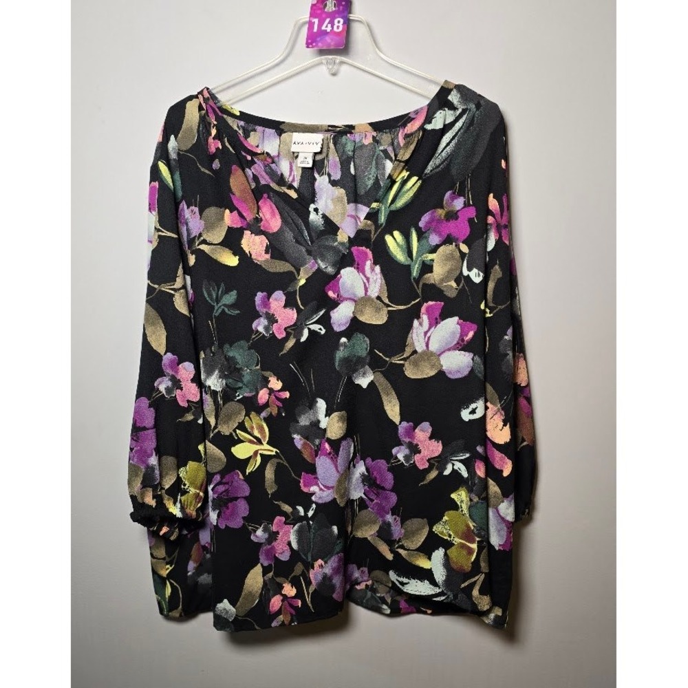 Ava & Viv Women Blouse Black Floral V-Neck Long Sleeve Pop Over Top Plus Size 2X